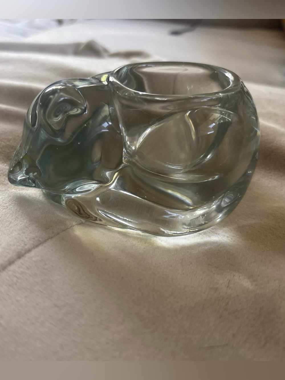Vtg Indiana Glass Clear Sleeping Cat Votive Tealight Holder 4.25" long Kittycore